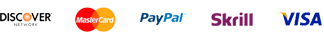 Iconos de métodos de pago aceptados: Discover, MasterCard, PayPal, Skrill y Visa.