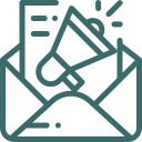 Icono de un sobre abierto con un megáfono y documentos, representando el concepto de marketing por correo electrónico y comunicación digital.